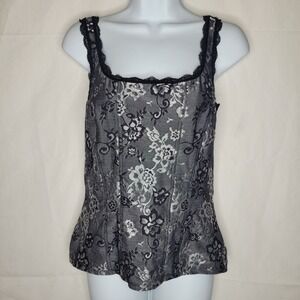 White House Black Market ~ Black & Gray Floral, Brocade Corset-Style Tank Top